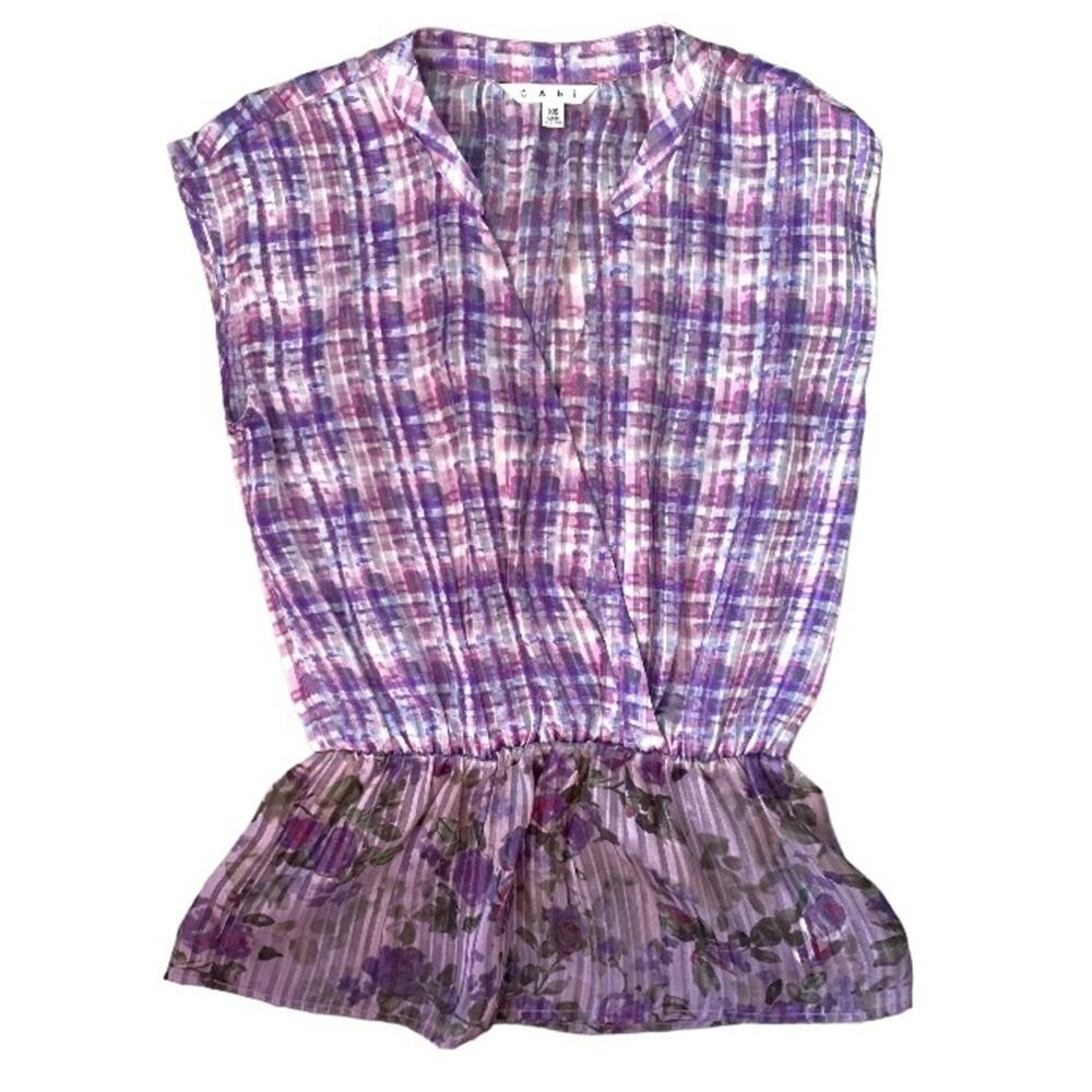 Cabi Eva Blouse Womens XS Purple Faux Wrap Peplum Sleeveless‎ Checkered Floral